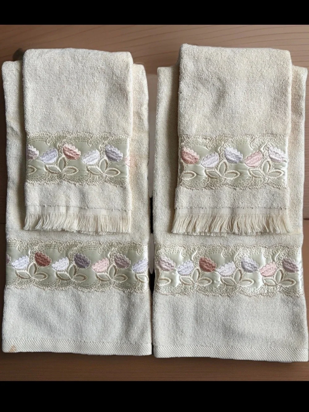 Vintage TROUSSEAU Towel Set 10pc Ivory Cotton Satin Flower Trim 1985 NEVER USED!